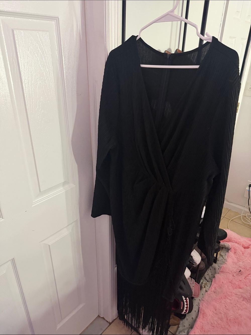 SHEIN Black Fringe Wrap Dress with Long Sleeves
